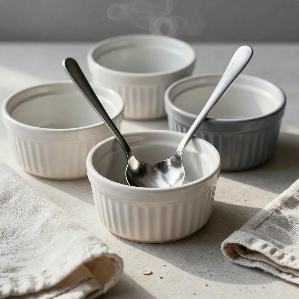 Macro still life of ramekins, tasting spoons, and folded linen on pale stone.