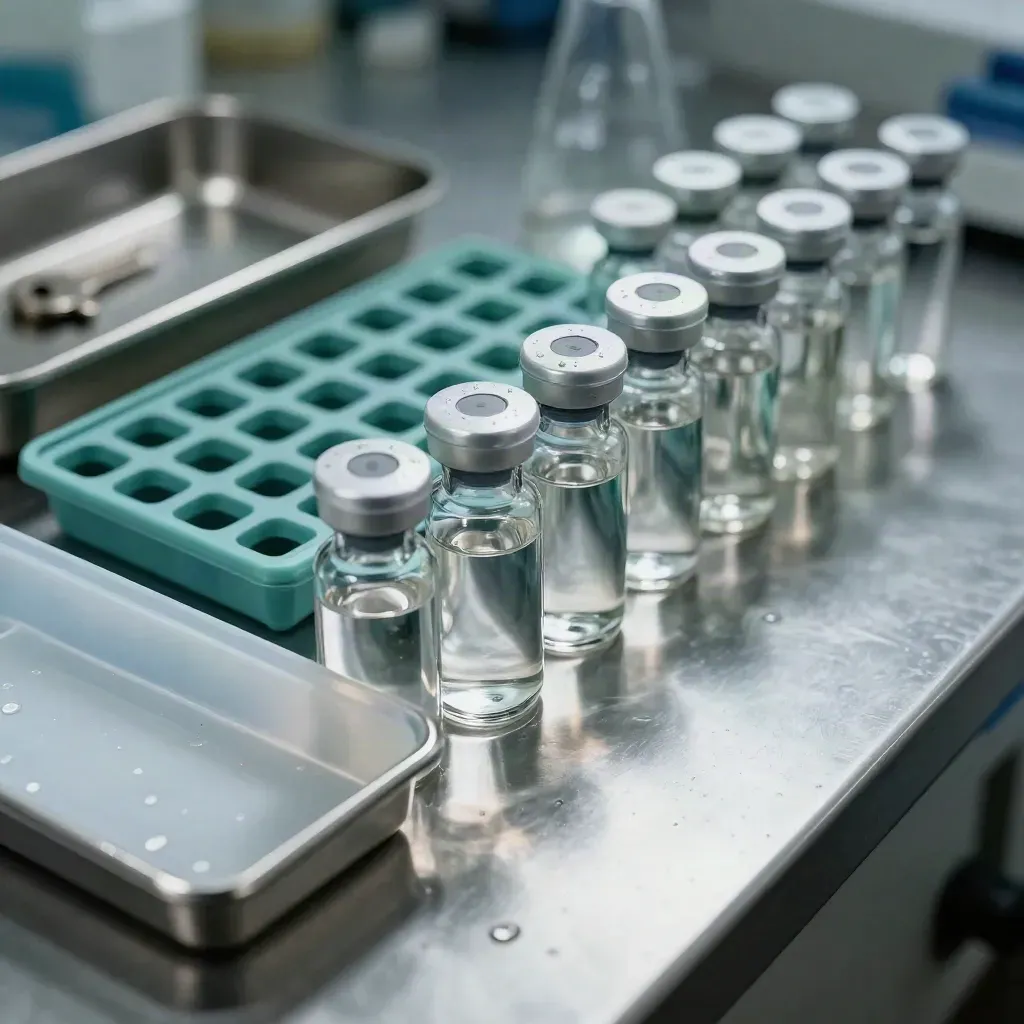 Biotech vials and a specimen tray aligned on brushed steel under dramatic lab light.