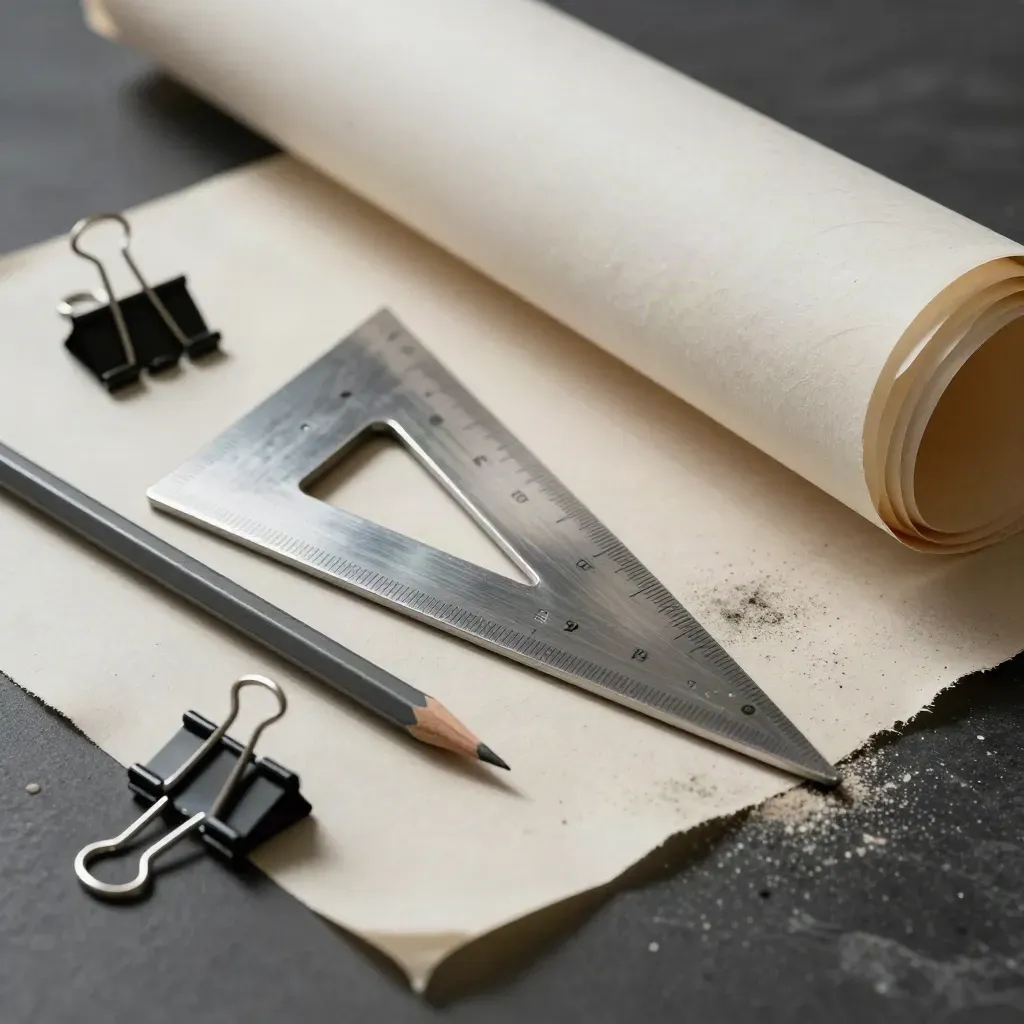 Steel scale triangle, pencil, clips and tracing paper on warm plaster with raking light.