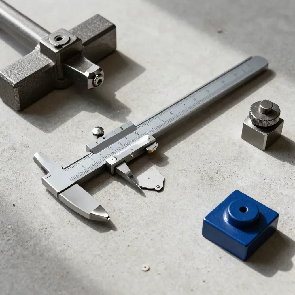 Top-down QA still life with micrometer, feeler gauges, and cast-metal fixture on pale concrete.