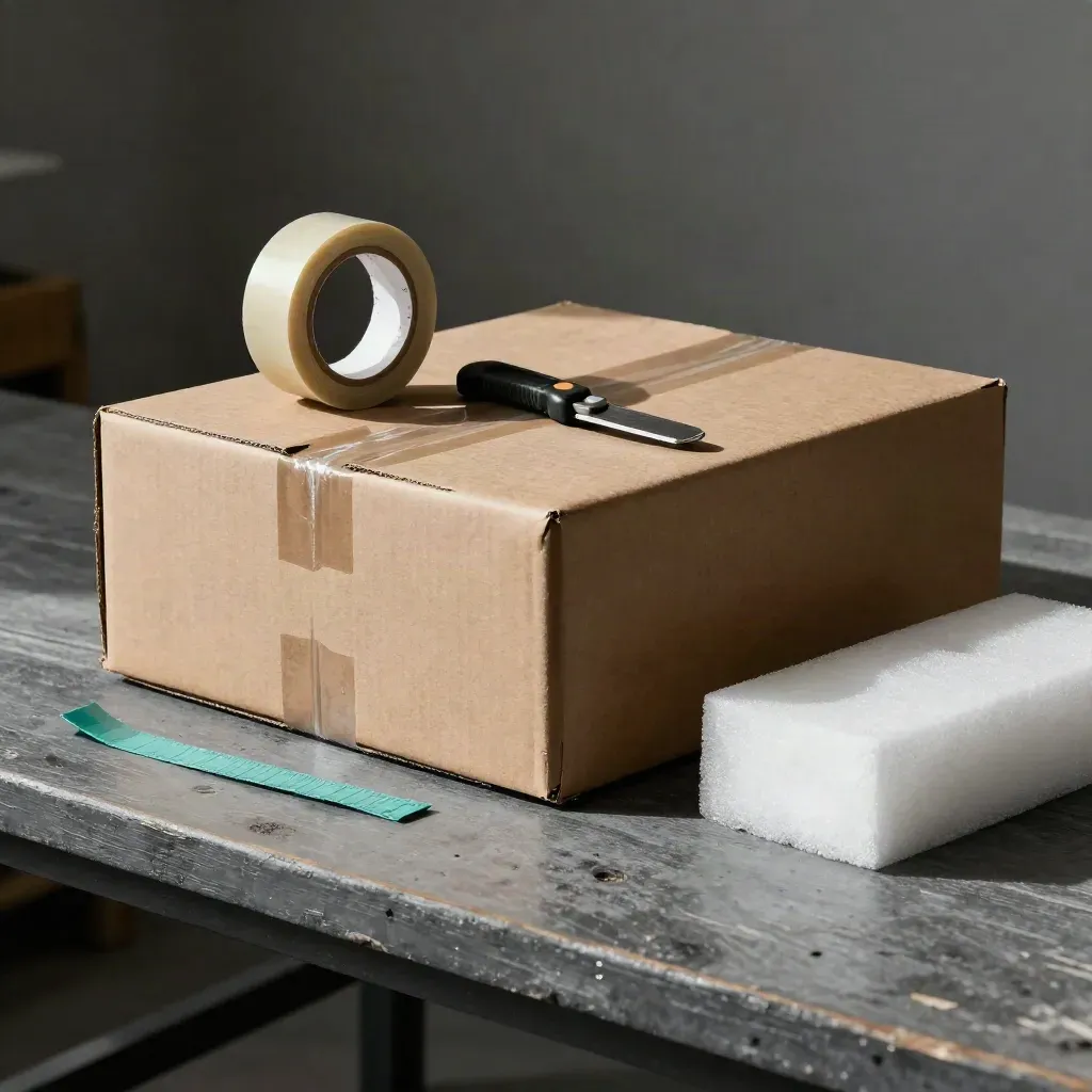 Fulfillment packing bench with carton, tape roll, box cutter, and foam insert on slate wood.