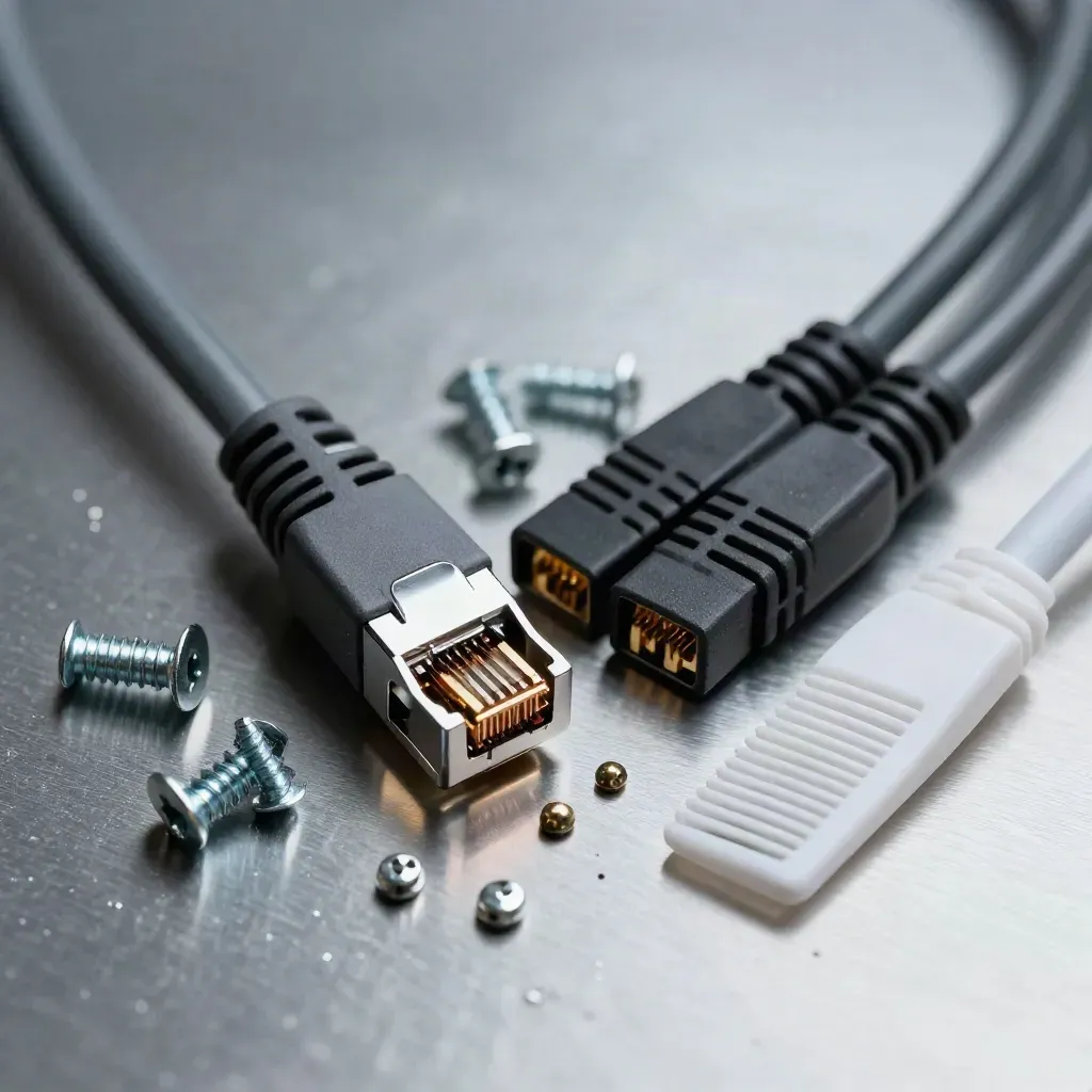 Macro still life of RJ45 plugs, cable combs, and rack screws on brushed aluminum.