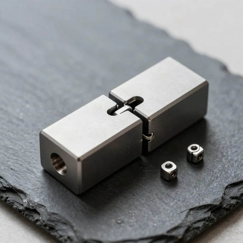 Top-down macro of interlocking metal modular blocks and tiny spacers on slate stone.