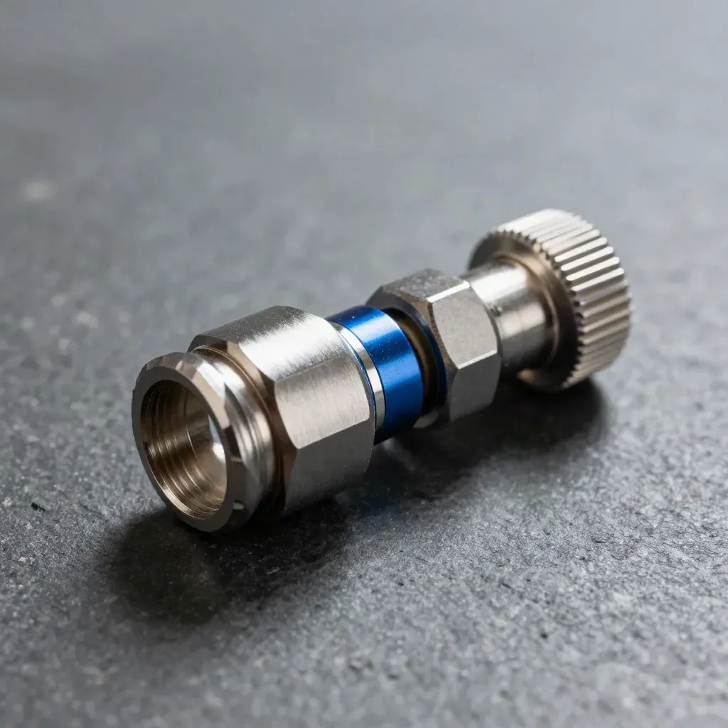 Metal coupler linked between barrel adapter and machined collar on dark stone