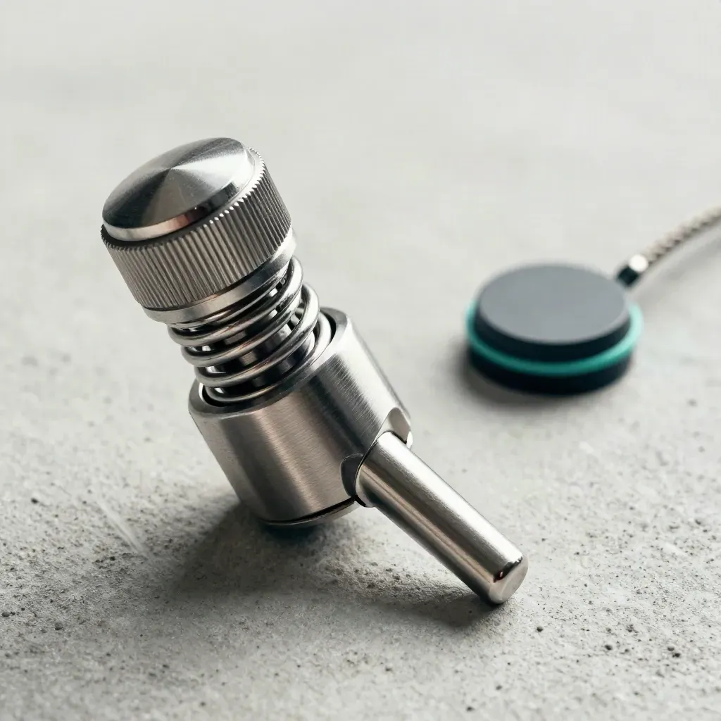 Industrial pushbutton switch, sensor puck, and braided lead on pale concrete, side macro