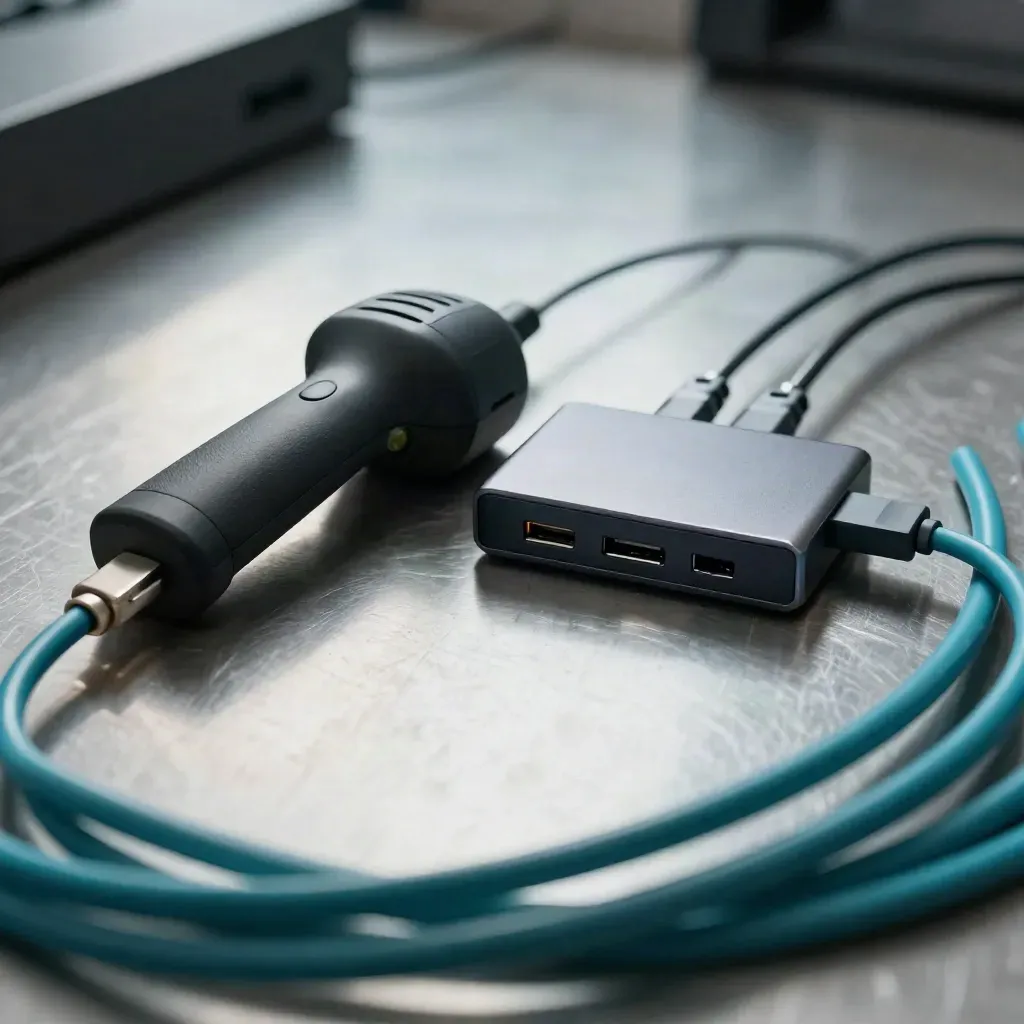 Macro still life of startup ops tools on brushed steel, shot through a blurred teal cable loop.