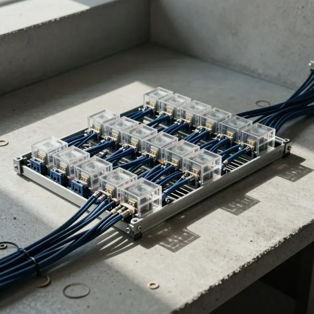 Relay cubes and cable looms arranged on concrete in a premium workflow automation still life.