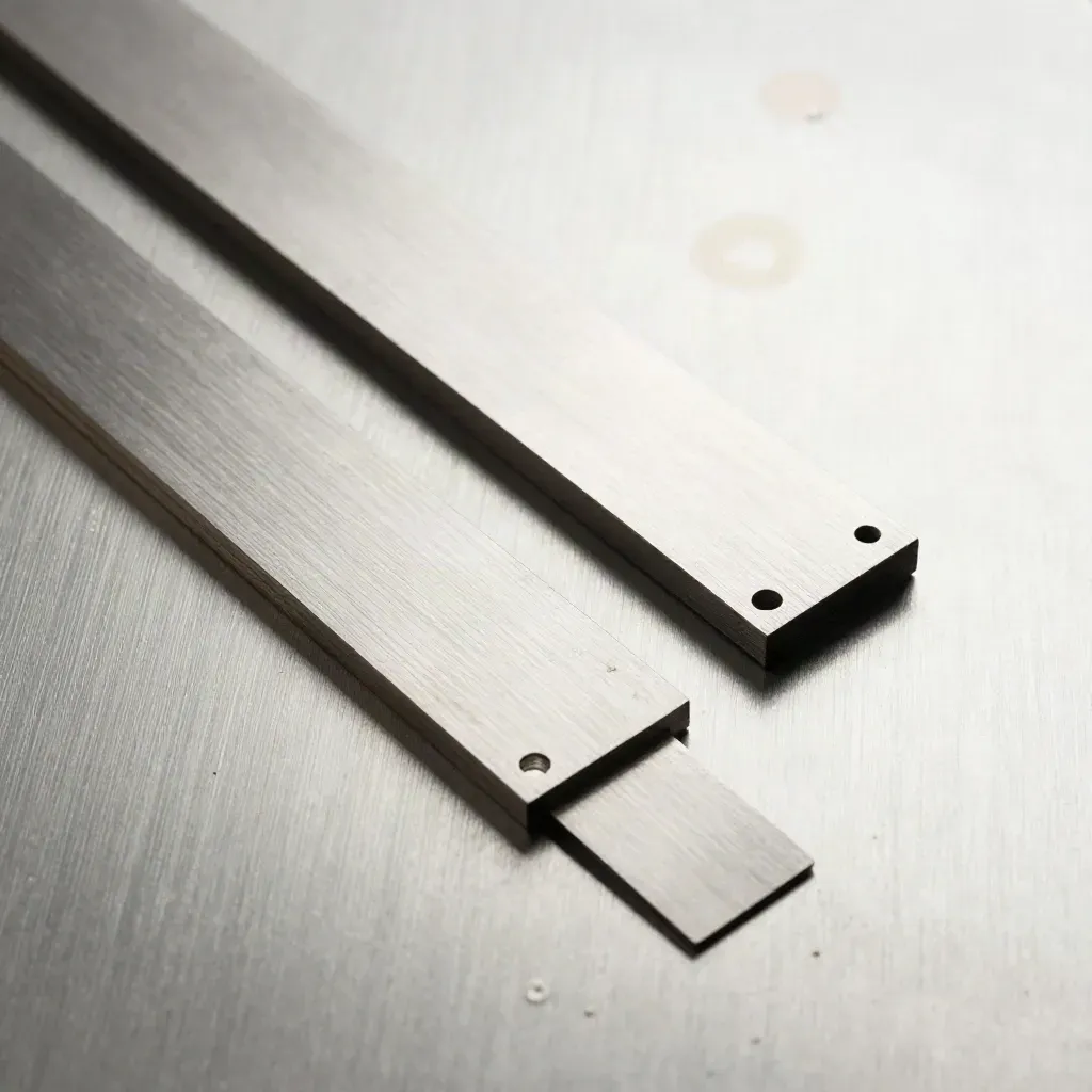 Overhead macro of mirrored calibration plates, shims, and a spacer on brushed metal
