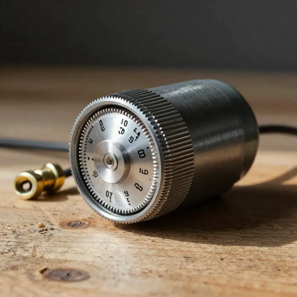 Industrial timer relay with dial, fuses, and cable loop on pale wood under dramatic light.