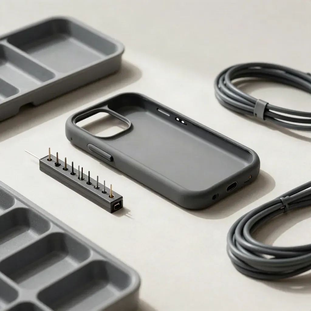 Prototype phone shell beside a pogo-pin test fixture and anti-static trays on plaster