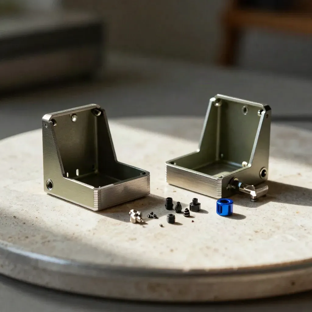 Open aluminium prototype enclosures with precision bits on pale stone, lit from upper left.