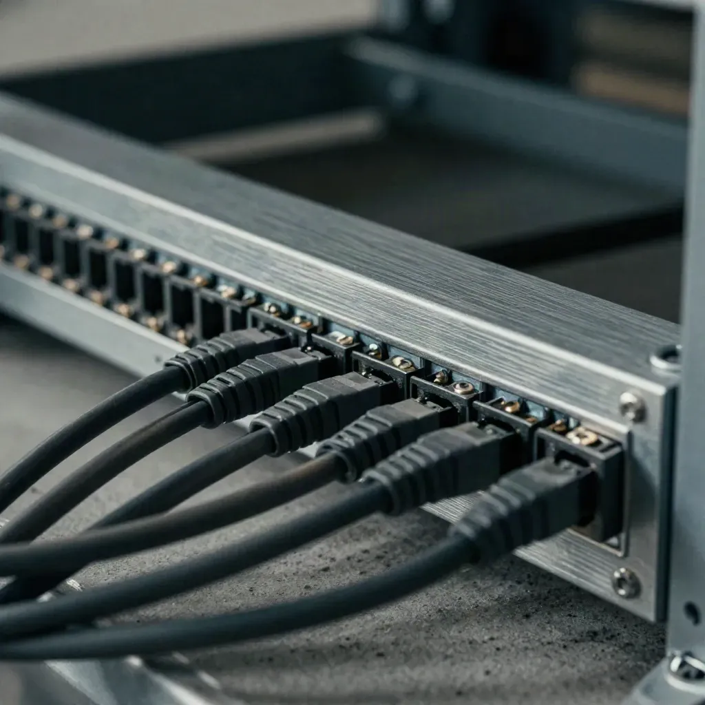 Rack patch panel slice with serial cables and terminal blocks on dark concrete, lit in cool raking light.