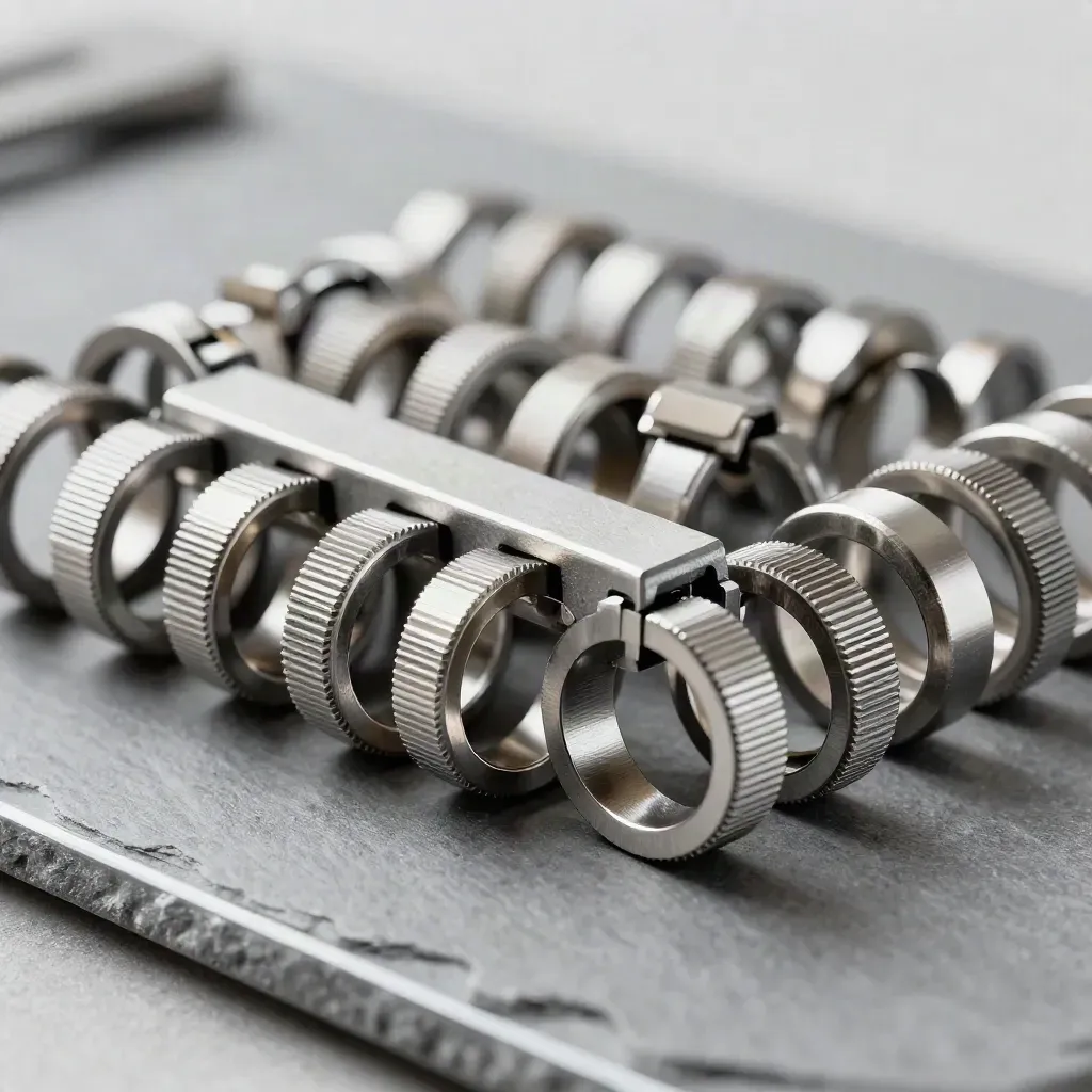 Macro of linked metal rings and modular connectors on brushed steel with cool white highlights.
