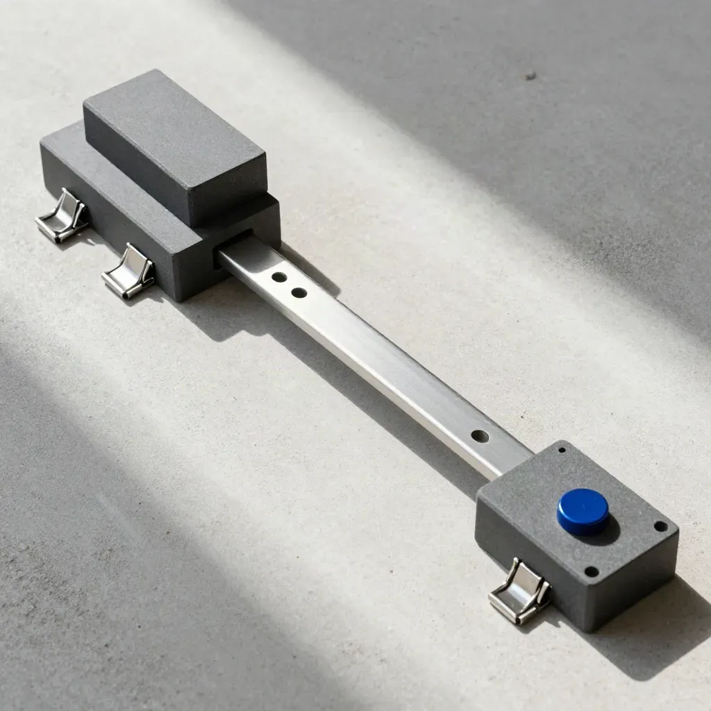 Top-down modular connector blocks and clips locked in a diagonal chain on pale concrete.