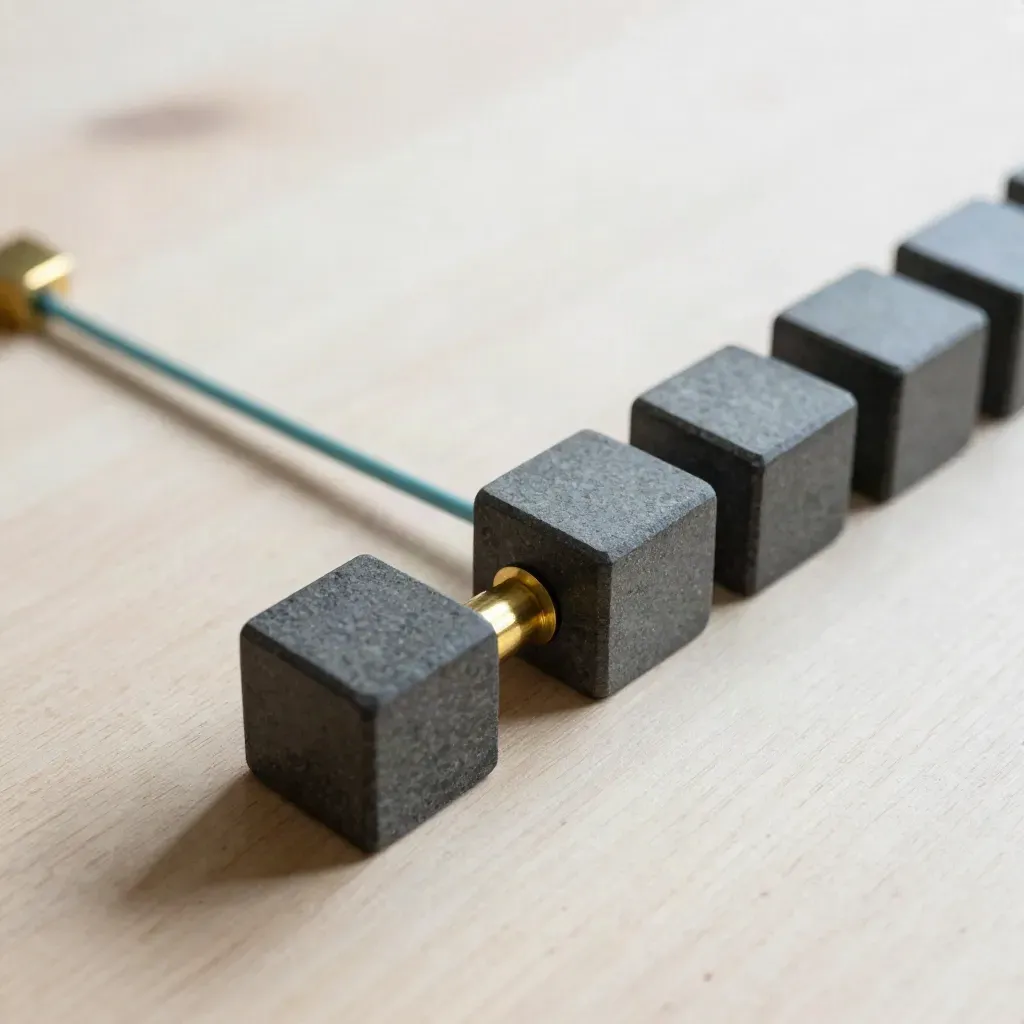 Matte stone cubes and brass spacers on pale wood, aligned beside a teal connector