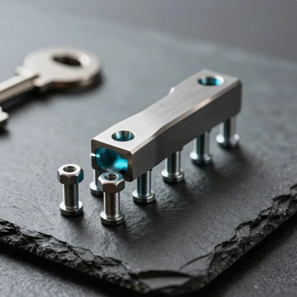 Precision bracket and pins on dark slate, lit dramatically with a teal accent.