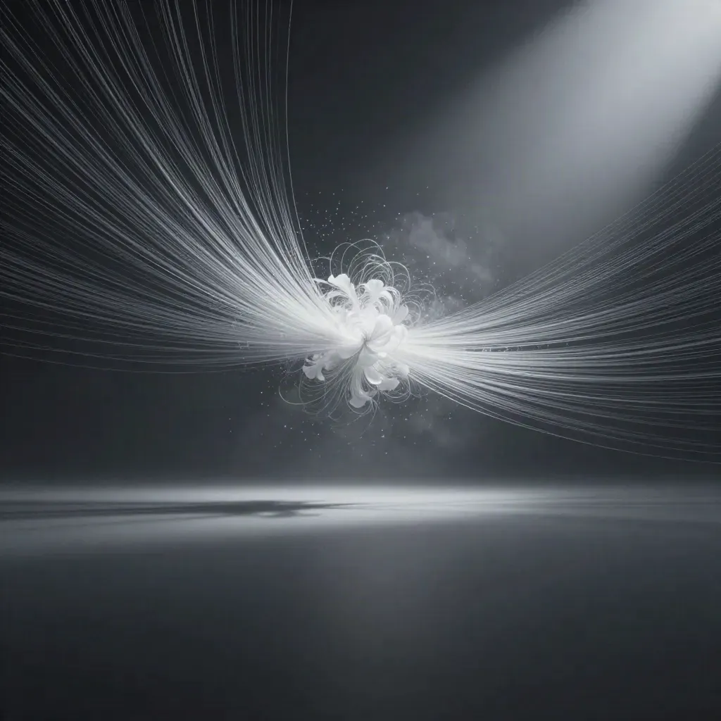 Abstract silver light filaments converging into a soft bloom in dark graphite haze