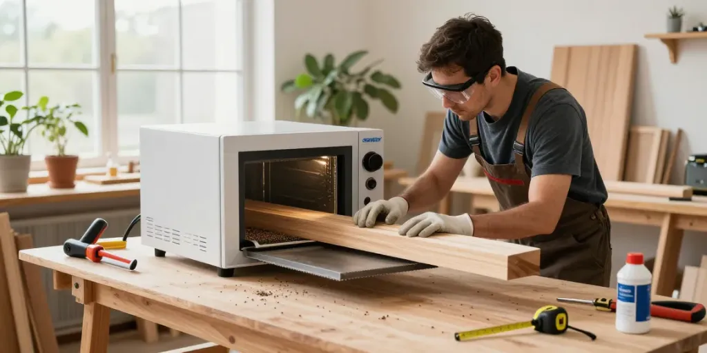 SHASHEL® microwave equipment effectively eliminating wood-boring insects in a craftsman's workshop.