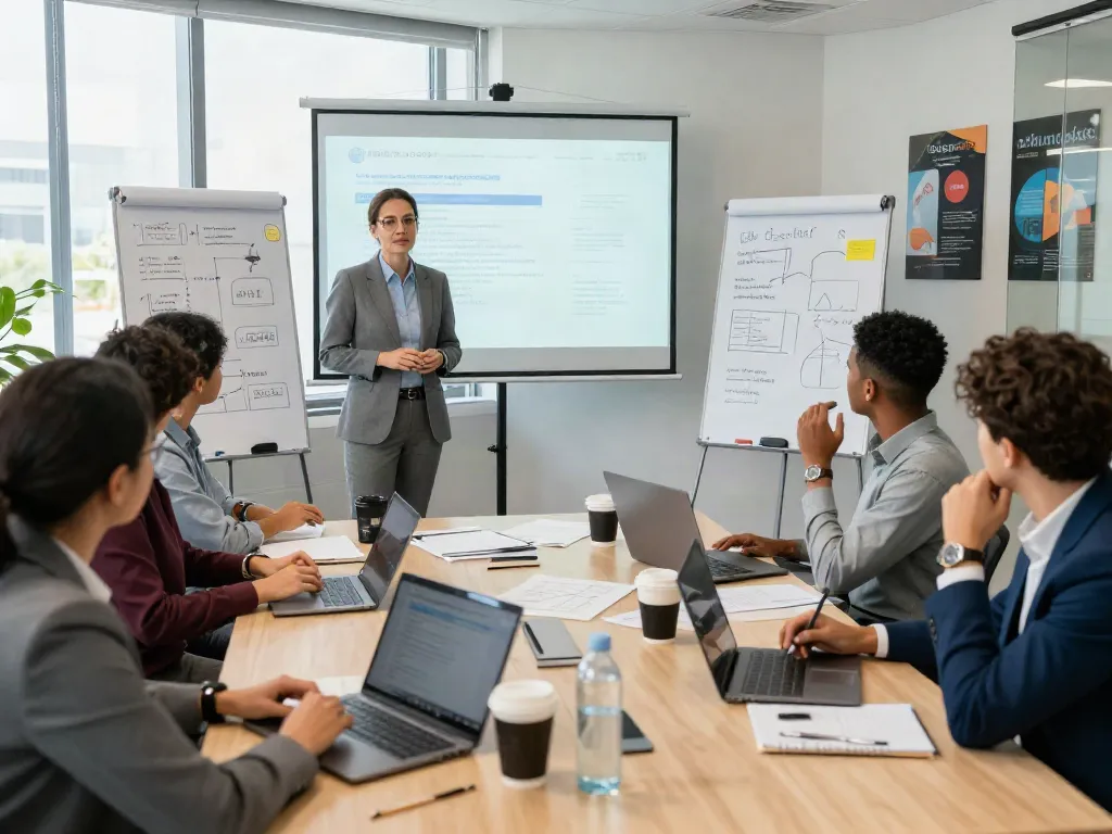 ISO Certification in Pakistan training session with engaged professionals learning from a consultant in a modern office setting.